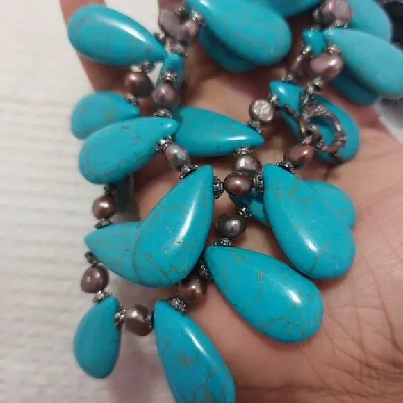 SOLD Teardrop Howlite Turquoise Purple Freshwater Pearl Fringed Collar Necklace - Picture 7 of 7